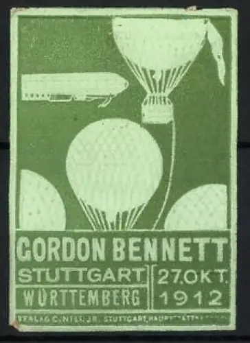 Reklamemarke Stuttgart, Gordon Bennett 1912, Ballonrennen, Luftschiff Zeppelin, grün-hellgrün