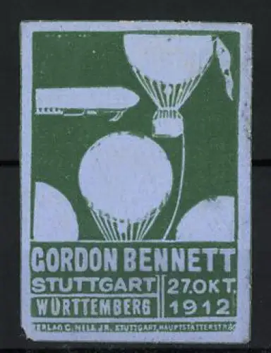 Reklamemarke Stuttgart, Gordon Bennett Ballonrennen 1912, Zeppelin Luftschiff und Ballone, grün-hellblau