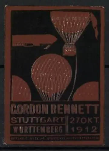 Reklamemarke Stuttgart, Gordon Bennett Ballonrennen 1912, Zeppelin Luftschiff und Ballone, schwarz-braun