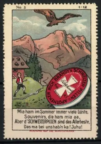 Künstler-Reklamemarke Johann Peter Werth, Abführmittel Rich. Brandt's Schweizer Pillen, Adler über Berglandschaft
