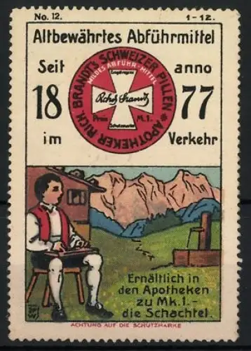 Künstler-Reklamemarke Johann Peter Werth, Abführmittel Rich. Brandt's Schweizer Pillen, Almbauer spielt Zither
