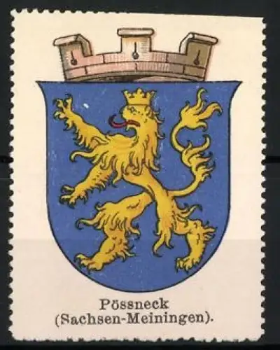 Reklamemarke Pössneck, Sachsen-Meiningen, Löwe im Wappen