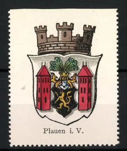 Reklamemarke Plauen i. V., Wappen, Löwe und Türme