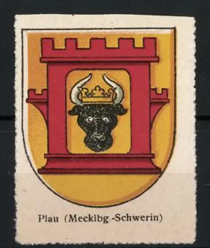 Reklamemarke Plau /Mecklbg.-Schwerin, Wappen, Stierkopf mit Krone