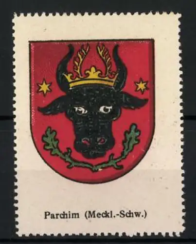 Reklamemarke Parchim, Schwerin / Mecklenburg, Stierkopf mit Krone und Sternen