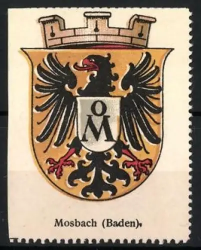 Reklamemarke Mosbach Baden, Stadtwappen, Schwarzer Adler mit Krone