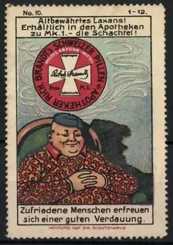 Künstler-Reklamemarke Johann Peter Werth, Abführmittel Rich. Brandt's Schweizer Pillen, beleibter Mann schläft