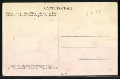 AK Congo, Le Frère Alfred Gils de Turnhout travaillant à la fondation du poste de Sandoa
