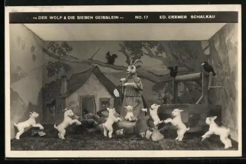 AK Der Wolf und die sieben Geisslein, Szene mit Puppen