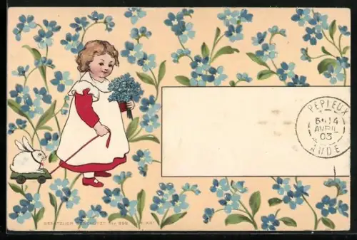 AK Kleines Mädchen mit Spielzeughasen beim Blumenpflücken