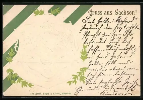 Präge-AK Sachsen, Wappen im Lorbeerrahmen