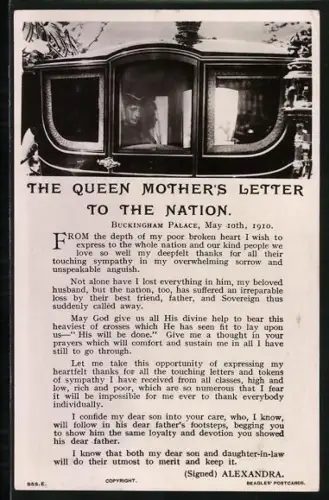 AK The Queen Mother`s Letter to the Nation 1910