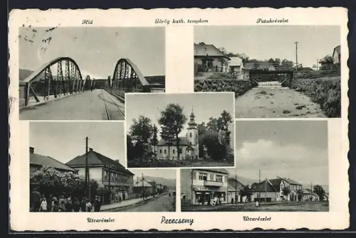 AK Perecseny, Utcarészlet, Patakrészlet, Híd, Görög kath. templom