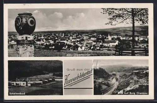 AK Höhr-Grenzhausen, Gesamtansicht, Schwimmbad, Blick auf Burg Grenzau