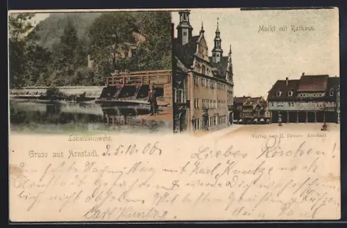 AK Arnstadt, Markt mit Rathaus, Lohmühlenwehr