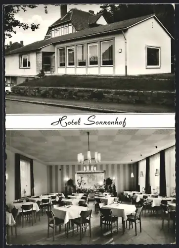 AK Melsungen im Fuldatal, Hotel Sonnenhof, Inh. Jos. Schicker, Aussenansicht und Speisesaal