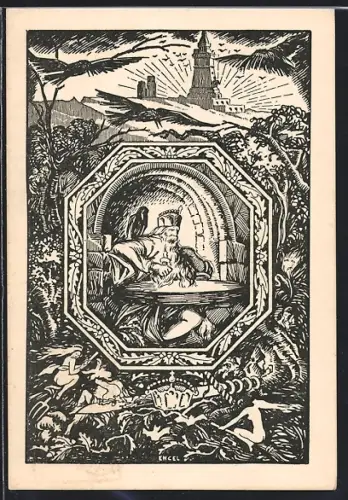 Künstler-AK Frankenhausen /Kyffh., 25 jähriges Bestehen des Kyffhäuser Denkmals, König mit Raben und Schloss