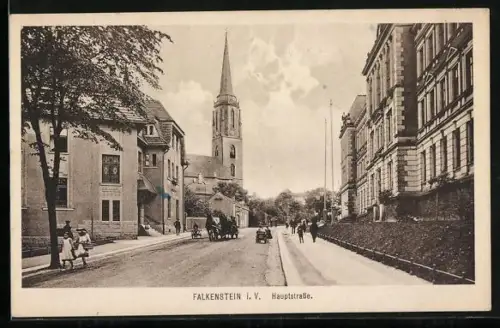 AK Falkenstein i. V., Hauptstrasse mit Kirche