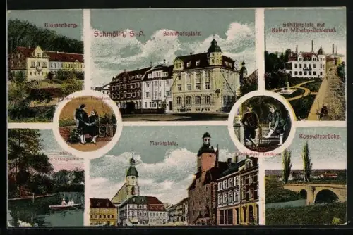 AK Schmölln /S.-A., Partie am Blumenberg, Bahnhofsplatz und Marktplatz