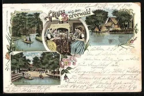 Lithographie Leipa / Spreewald, Gasthof, Hof und Trachten