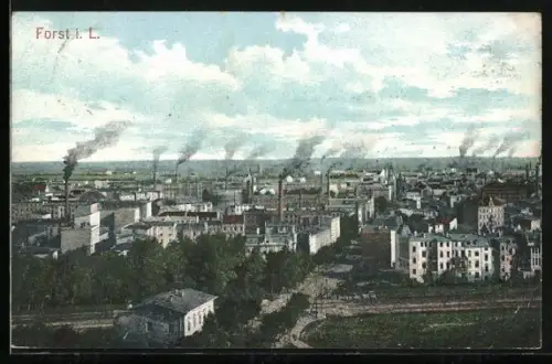 AK Forst i. L., Blick auf die Ortschaft mit qualmenden Schornsteinen