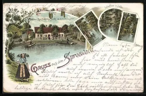 Lithographie Lehde /Spreewald, Gasthaus zum Fröhlichen Hecht vom Wasser aus, Dolzkefliess, Spreewälderin