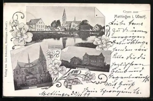 AK Mettingen i. Westf., Partien der Kirche und Krankenhaus, Ortsansicht