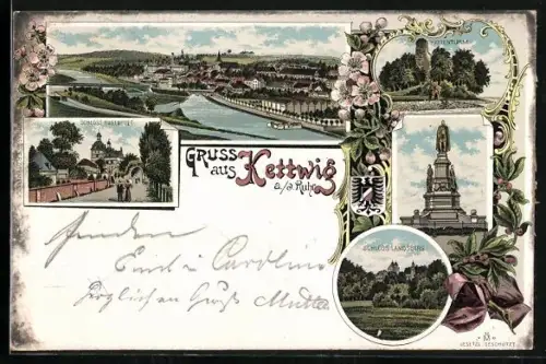 Lithographie Kettwig, Ortsansicht, Schloss Hugenpoet, Kattenturm, Schloss Landsberg