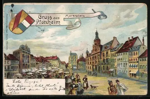 Künstler-AK Pforzheim, Marktplatz, Wappen