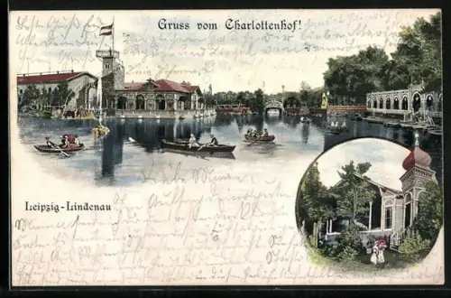 Lithographie Leipzig-Lindenau, Ruderpartie am Charlottenhof