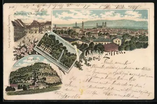 Lithographie Zittau, Weinau-Restaurant, Berg Oybin, Marktplatz mit Amtsgericht und Gesamtansicht