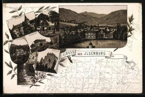 Vorläufer-Lithographie Ilsenburg, 1892, Ortsansicht mit See, Partien vom Brockenhaus und Ilsenfälle