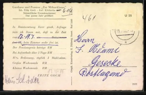 AK Körbecke, Gasthaus Zur Möhneklaue mit Aussenbereich und Besuchern, Inh. Fritz Goch