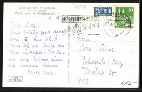 AK Waiblingen, Gasthaus zum Felsenkeller, Inh. W. Meyer, Reichsstrasse 14