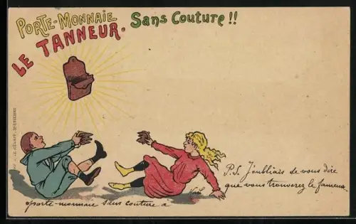 AK Reklame für Brieftaschen, Le Tanneur, Sans Couture!!, Paar zerreisst eine alte Geldbörse