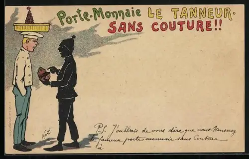 AK Reklame für Brieftasche, Le Tanneur. Sans Couture!!, Konditor mit Kuchenblech auf dem Kopf kriegt Geldbörse gezeigt