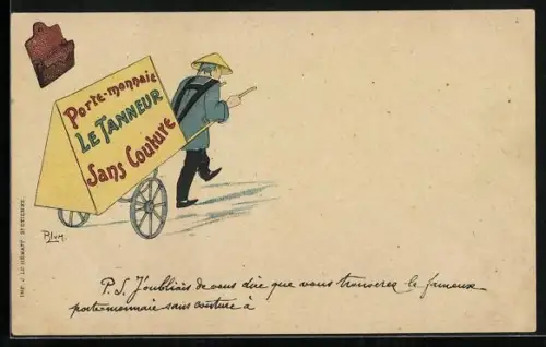 AK Reklame für Brieftasche, Le Tanneur. Sans Couture, Rikscha Fahrer mit Reklame auf dem Wagen