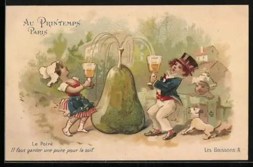 Lithographie Reklame für Le Poire, Fontäne aus dem Stiel einer Birne