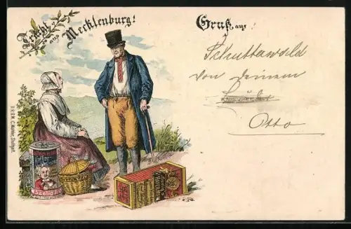 Lithographie Tracht aus Mecklenburg, Frau mit Korb, Reklame für Seelig's Hafermehl