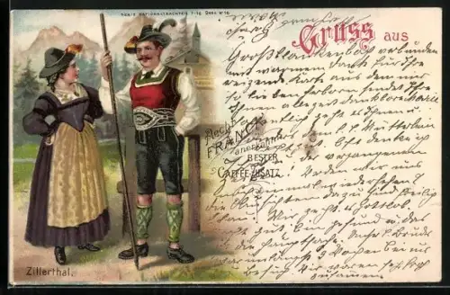 AK Zillerthal, Aecht Franck, Anerkannter Bester Kaffee-Zusatz, Bauernpaar in Trachten