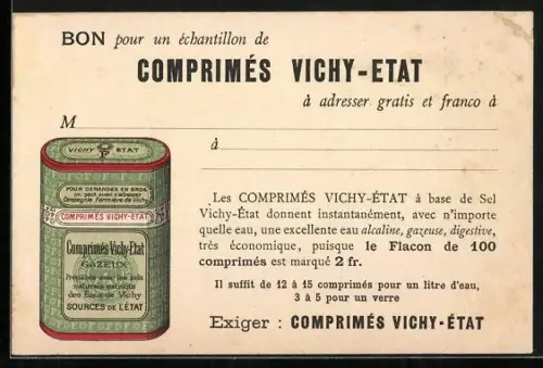 AK Paris, 6, rue de la Tacherie, Bon pour un échantillon de Comprimés Vichy-Etat