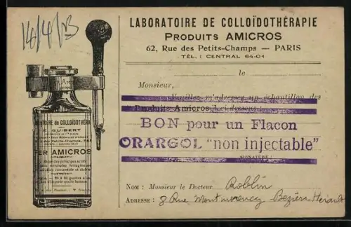 AK Paris, 62, Rue des Petits-Champs, Bon pour un Flacon Orargol non injectable, Produits Amicros