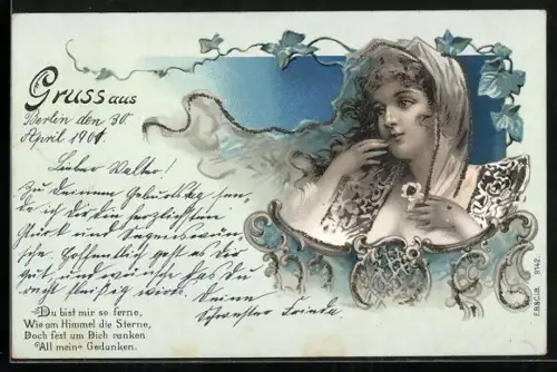 Künstler-AK Du bist mir so ferne..., Schöne Frau mit Schleier, Jugendstil