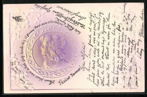 Präge-AK Dame im Profil mit Kopfschmuck in geometrischen Rahmen, Jugendstil