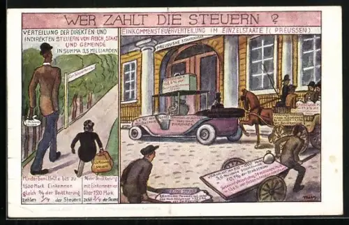 AK Einkommenssteuerverteilung im Einzelstaate! (Preussen), Auto und Pferdekutsche