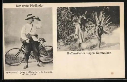 AK Der erste Pfadfinder, Burenkomdt. Jooste, Kaffernkinder tragen Kaptrauben