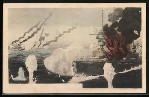 AK Russische und japanische Kriegsschiffe während einer Seeschlacht, Russisch-Japanischer Krieg