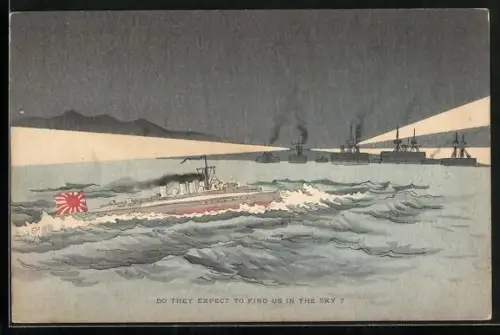 Künstler-AK Russische Kriegsschiffe übersehen ein japanisches U-Boot, Russisch-Japanischer Krieg