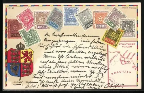 AK Britisch Guyana, Briefmarken, Landkarte und Wappen