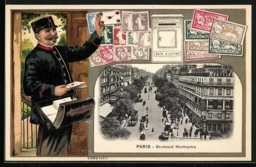 AK Paris, Boulevard Montmartre, Postbote mit Brief und Briefmarken, Passepartout